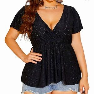 🖤 Eyelet Embroidery Deep V-neck Peplum Top 1X 🖤